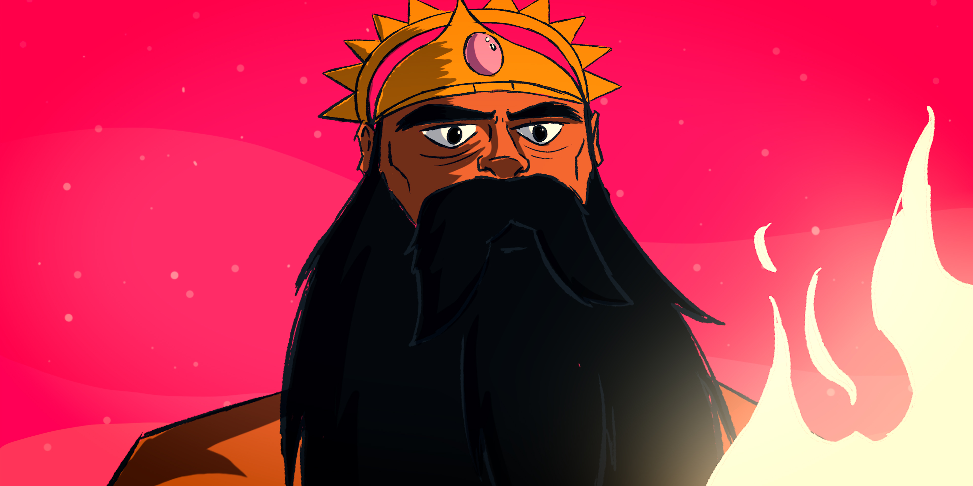 Animated king with a long black beard and jeweled crown in Victoria Ka Raja