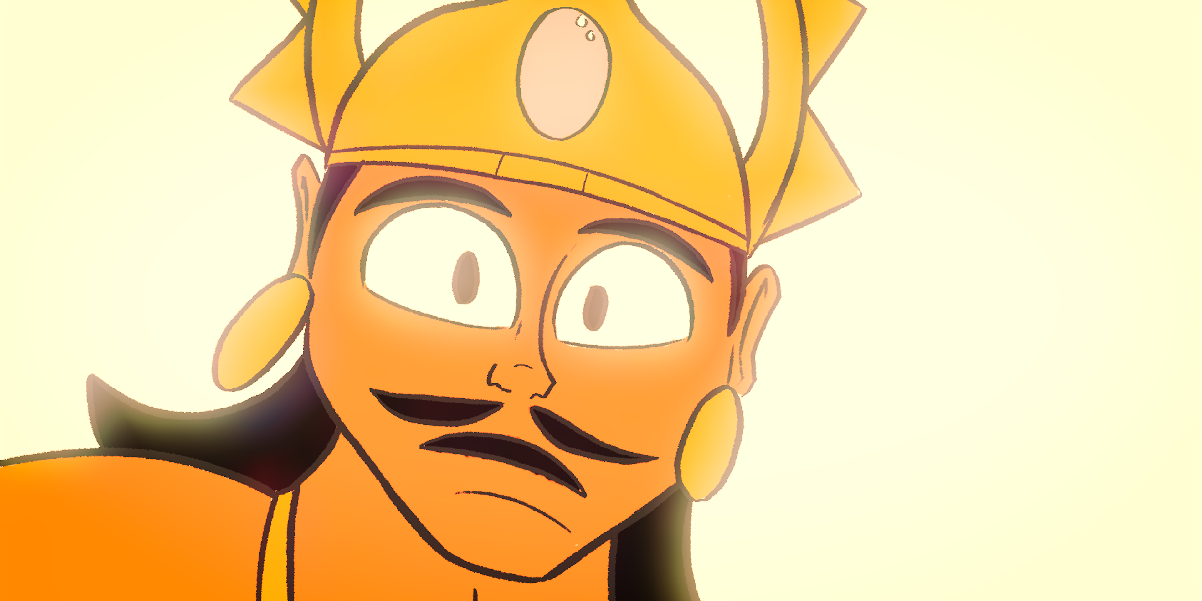 Animated close-up of a crowned character reacting in surprise in Victoria Ka Raja