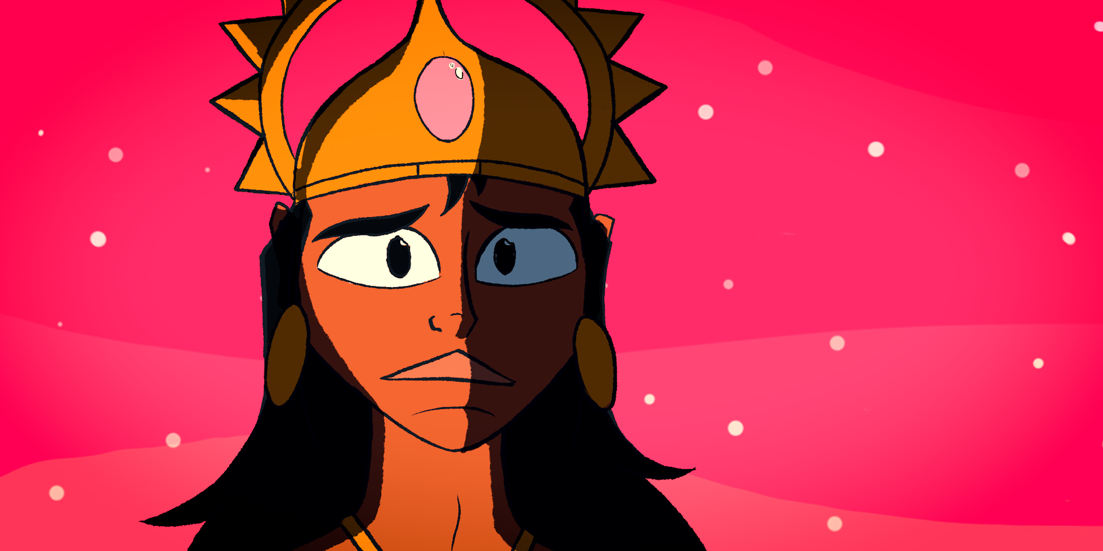 Animated close-up of a crowned character with one side of the face in shadow in Victoria Ka Raja