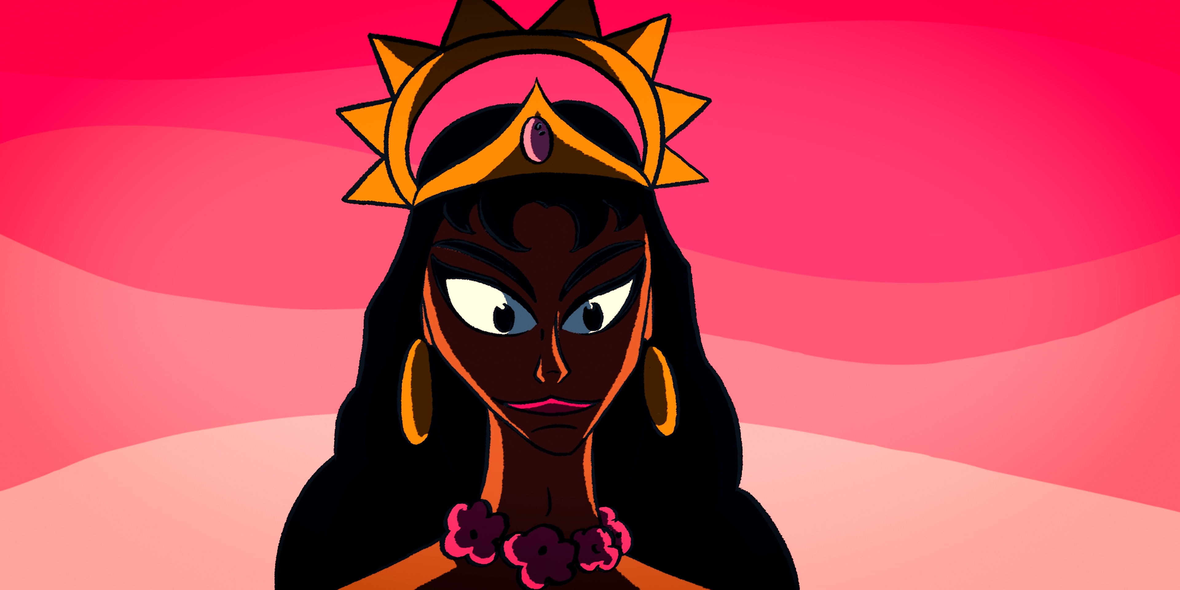 Animated dark-skinned crowned royal figure against a pink background in Victoria Ka Raja
