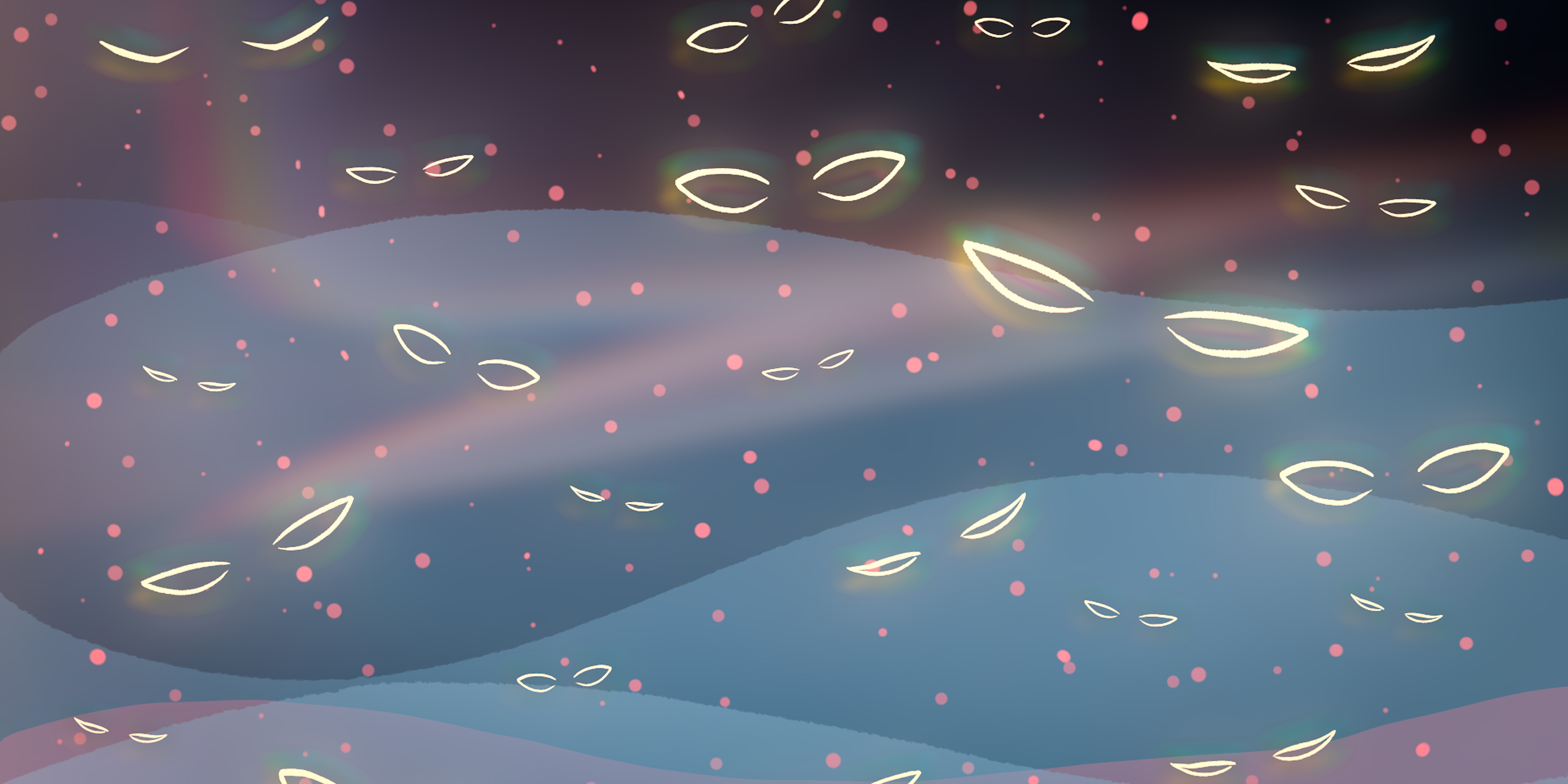 Animated field of glowing eyes floating across a dark blue landscape in Victoria Ka Raja