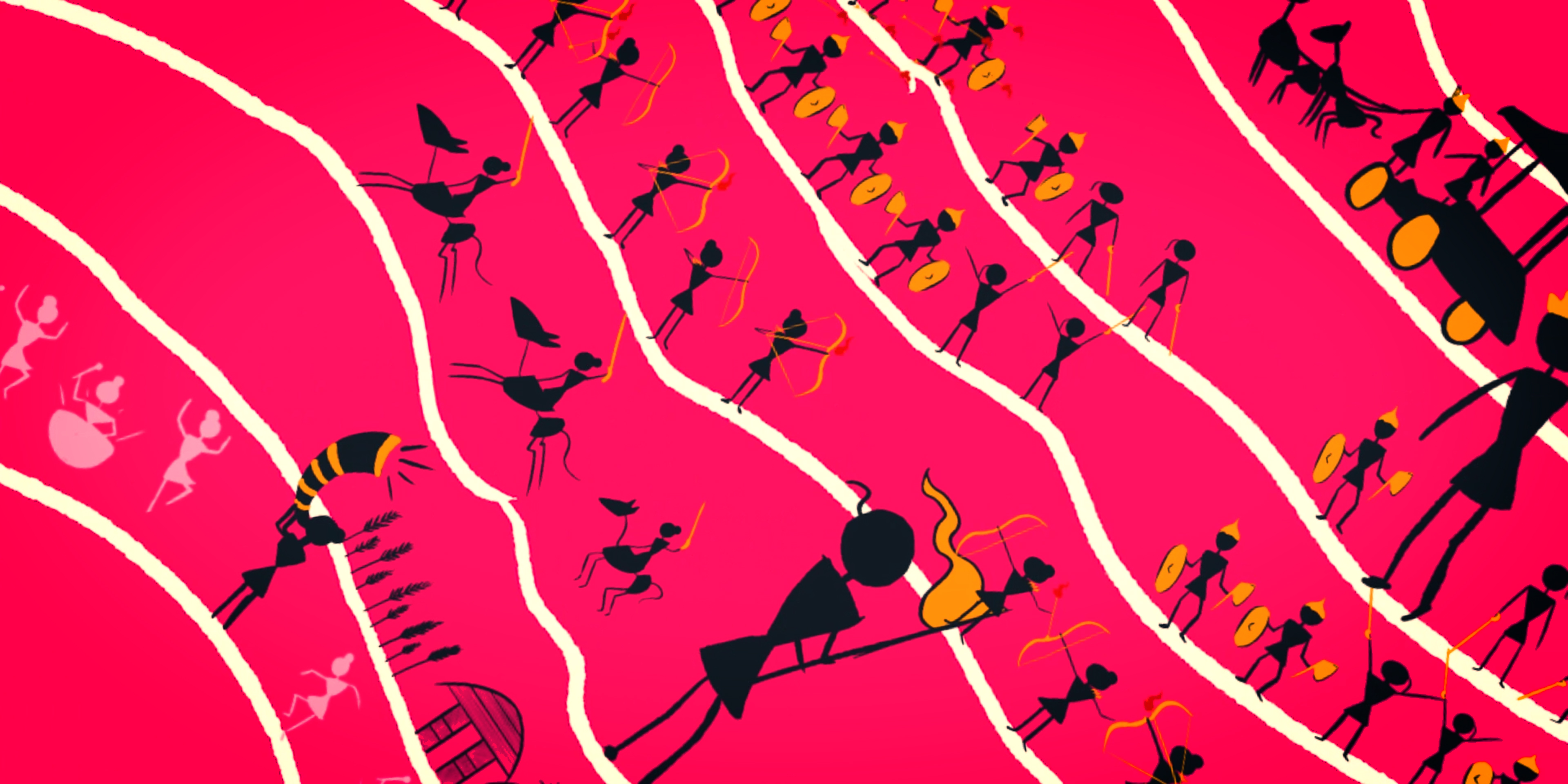 Animated montage of stylized figures, archers and drummers in Victoria Ka Raja