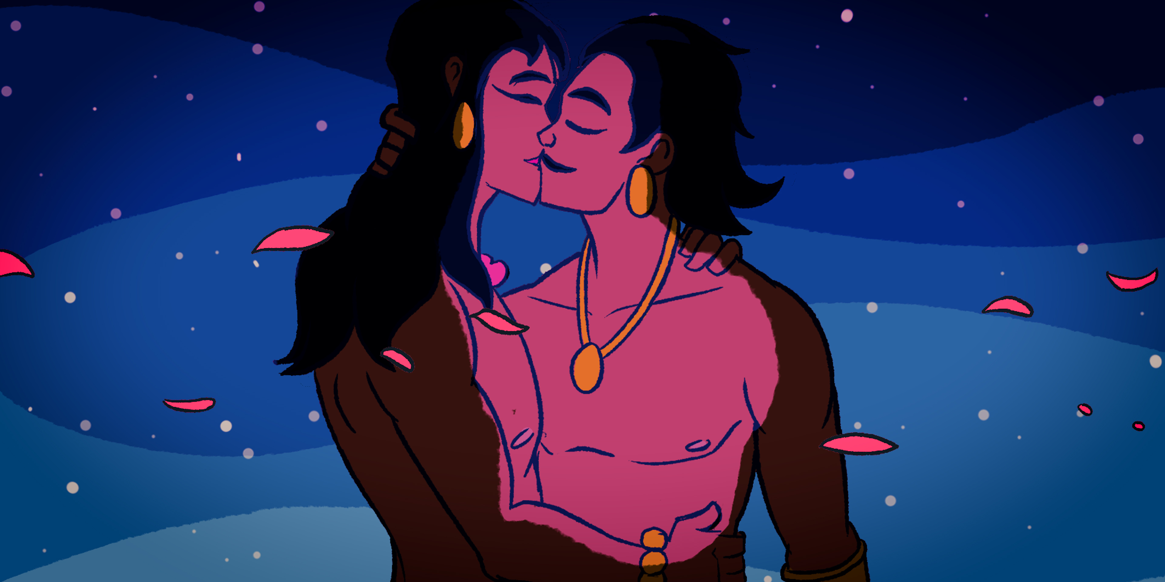 Animated couple kissing beneath a starry blue sky in Victoria Ka Raja